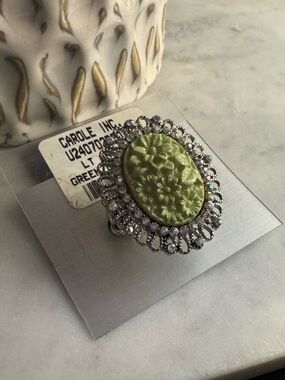 Green Floral Cameo Brooch with Crystal Halo